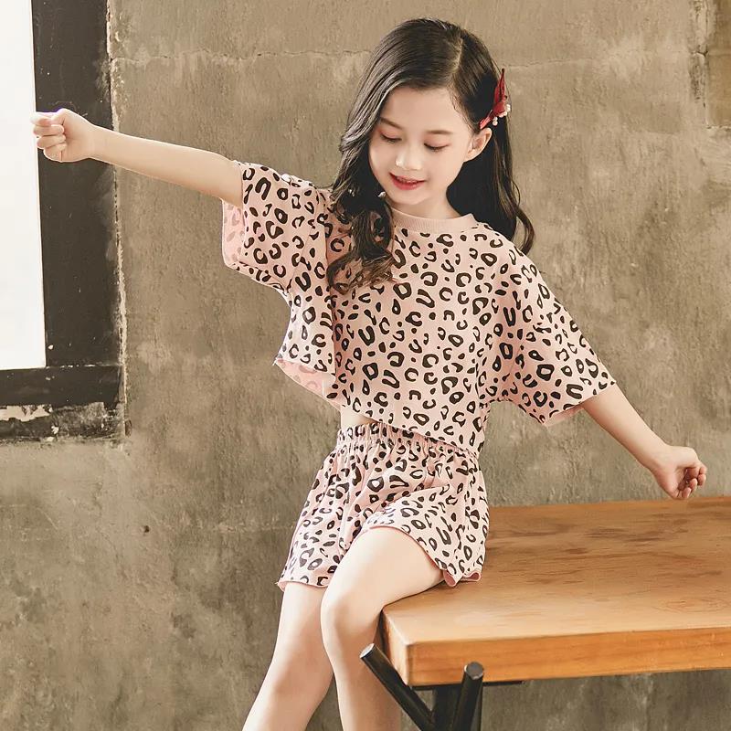 Girls' Summer Suits Leopard Print Middle and Large Children's Clothes T-shirts, Shorts Cotton Two-piece Student Suits