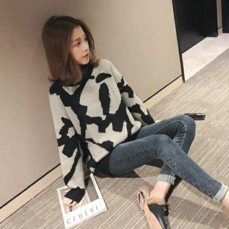 Pofulove Net Red Sweater  Loose-fitting Sweater Top Winter Turtleneck Women's Leopard