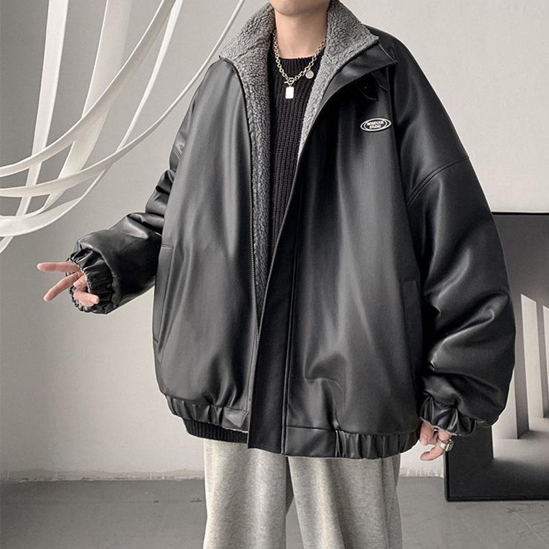 Double-sided Pu Lint Padded Jacket Men's Padded Jacket Plus Velvet Thick Lamb Wool Jacket Autumn and Winter Style Padded Jacket