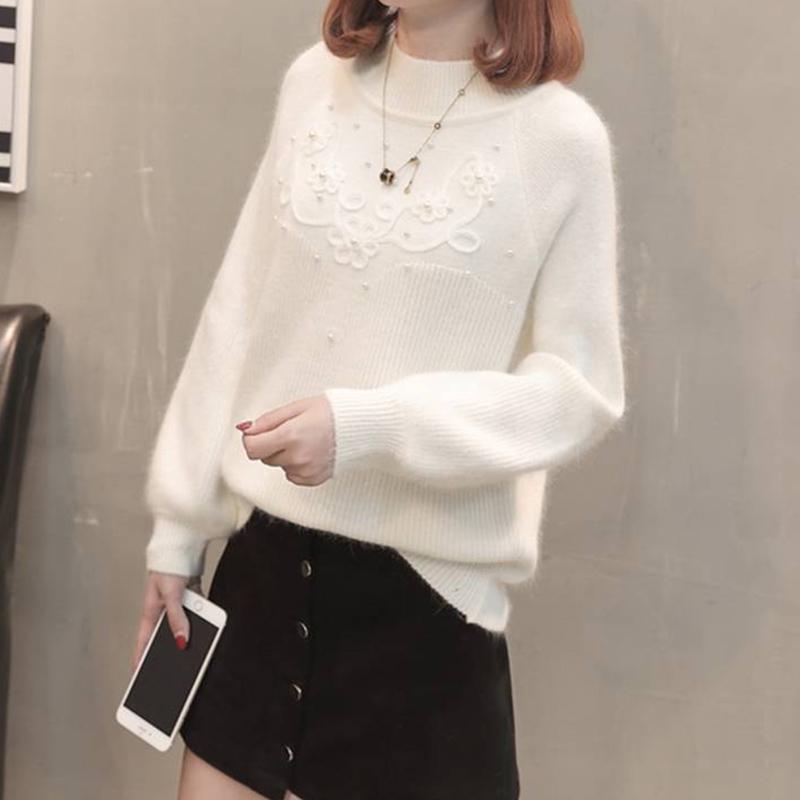 Women Half Turtleneck Short Pearl Pullover Sweater Office Loose Thicken Bottoming Shirt
