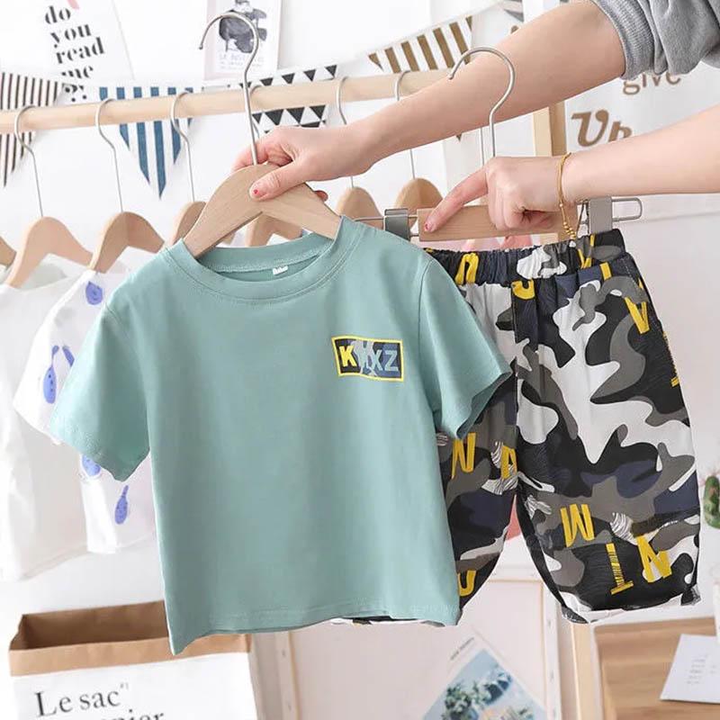 Boys Summer Round Neck Short Sleeves + Elastic Waist Camouflage Pants Suit Boys Casual Short Sleeve Camouflage Suit Handsome Baby Two-piece Suit