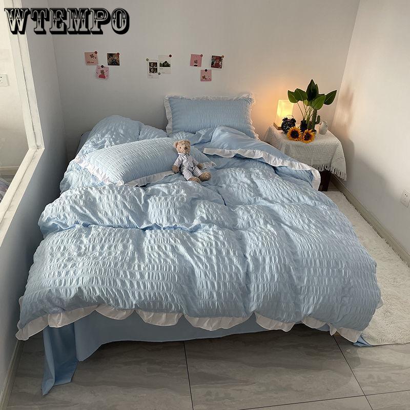 Princess Style Washed Cotton Seersucker Four-piece Solid Color Bedding Quilt Cover Sheet Four Seasons Universal