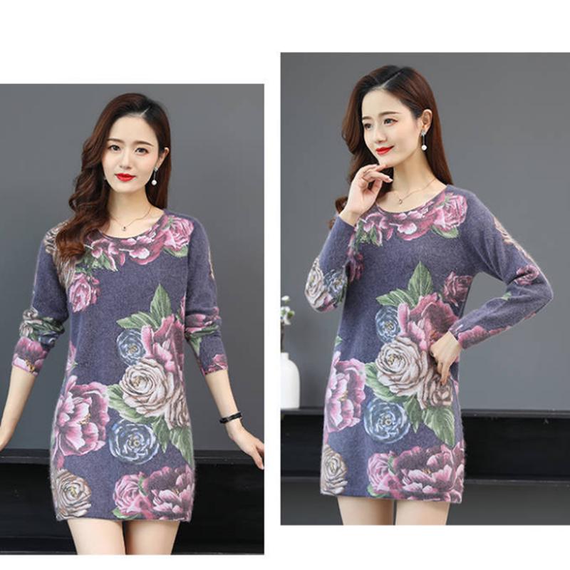 Pofulove Autumn and Winter New Women's Middle-aged Fashion Printed Round Neck Slim Dress Long