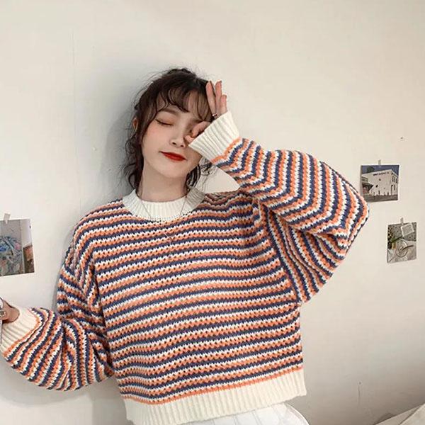 Striped Sweater Women Fall Loose Lazy Style Little Student Pullover Sweater