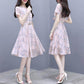 Pofulove S-3XL Women O-neck Chiffon Plaid Dress with Belt Slim Sexy Short-sleeved Long A-line Dress