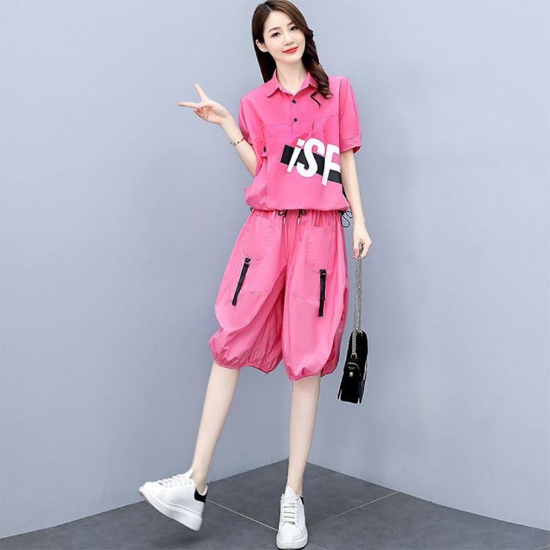 Simple Fashion Casual Button Suit Women's Summer Short-sleeved Large Size Summer Slimming Sports Two-piece Suit