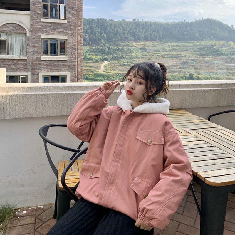 Autumn and Winter Imitation Lamb Wool Padded Coat Women Korean Style Ns Style All-match Coat Solid Color Hooded Women Coat