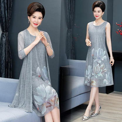 Chiffon Shirt + Dress 2pcs Suit  Women's Sun Protection Clothing Sun-Dress Mid-length Plus Size Shawl Loose Outer Chiffon Cardigan Thin Coat Beach