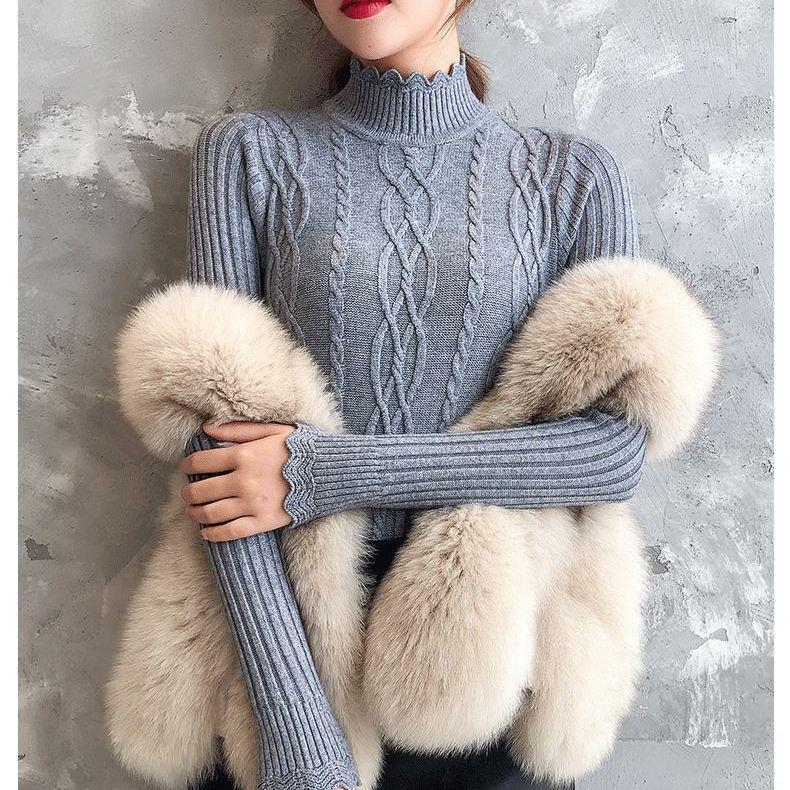 Women's Solid Color Warm Sweater Twist Knit Pullover Long Sleeve Lace Half Turtleneck Bottoming Shirt