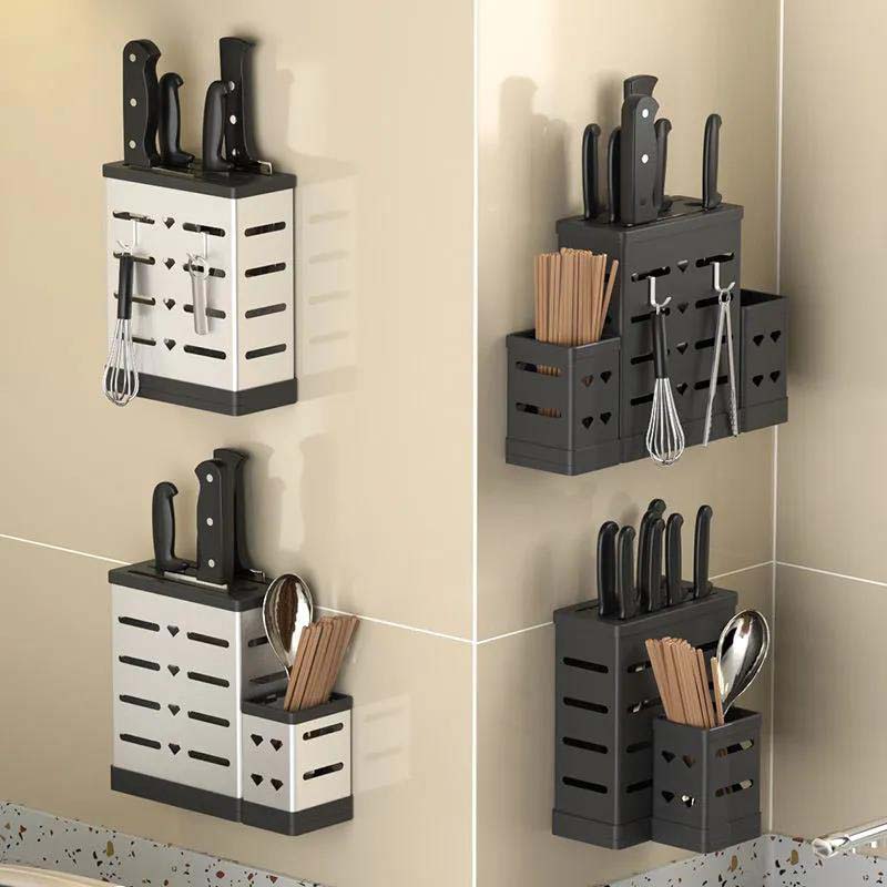 Multi-function Wall-mounted Kitchen Stainless Steel Storage Shelves Cutter Spoon Storage Rack