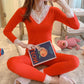 Thermal Underwear Ladies Plus Velvet Thin Section Tight V-neck Lace Sexy Autumn Underwear Suit