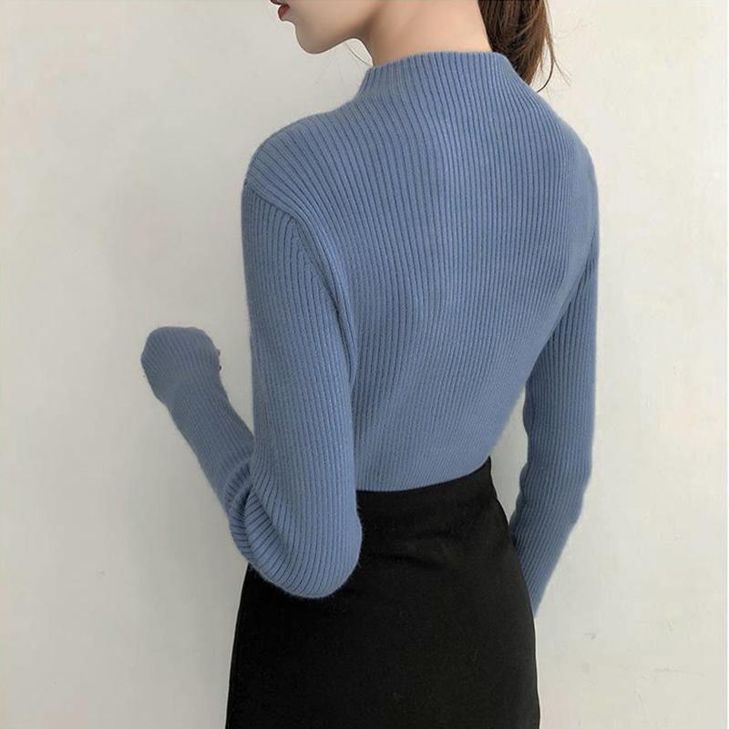 Fall/winter Core-spun Yarn Knitted Sweater Solid Color Zipper Slim Top Women