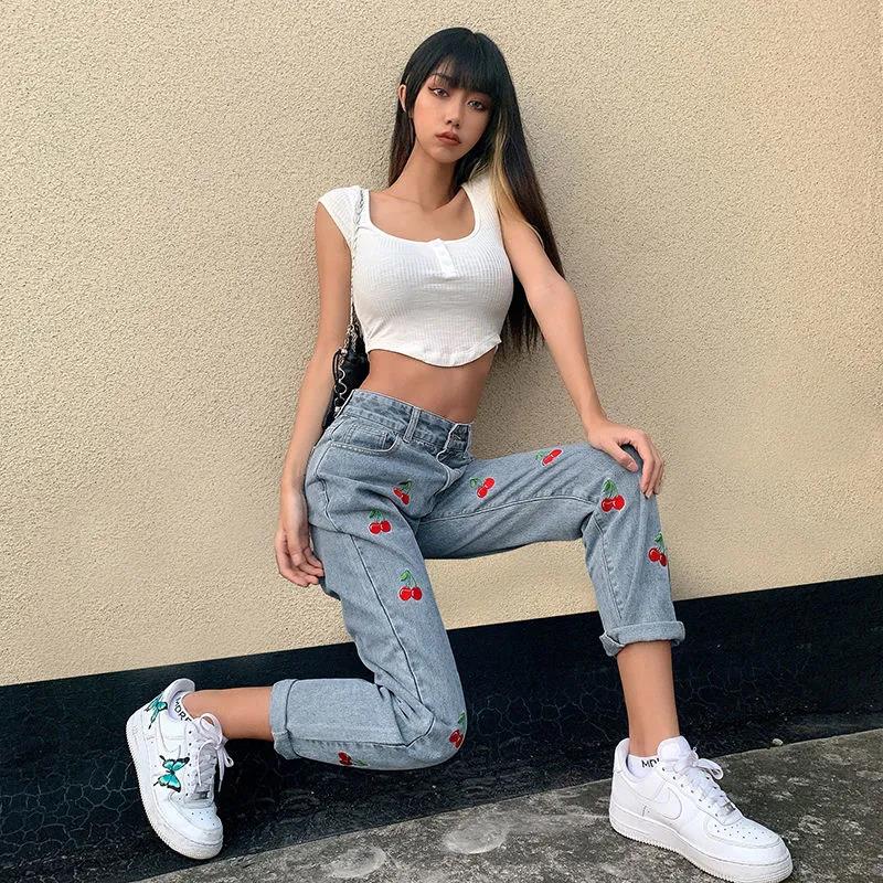 European and American Small Fresh Cherry Embroidery Leg Length High Waist Jeans Sweet Cool Girl Heart Casual Trousers