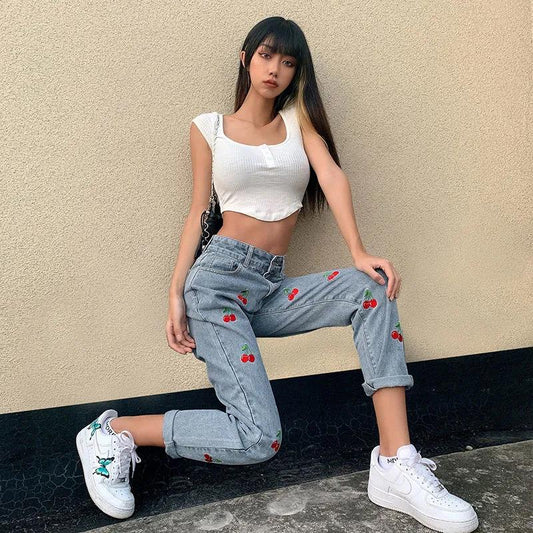 European and American Small Fresh Cherry Embroidery Leg Length High Waist Jeans Sweet Cool Girl Heart Casual Trousers
