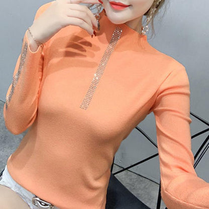 Autumn and Winter Thickening Imitation Diamond Wool Sweater Long-sleeved Casual Slim Half High Neck Ladies Sweater