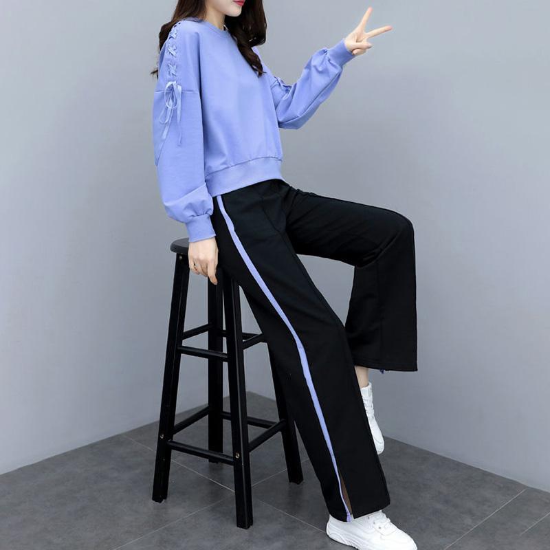 Suit Long-sleeved Shirt + Loose Wide-leg Pants Two-piece Loose Casual Sportswear Suit Female Outdoor Sports Suit Casual Home Wear