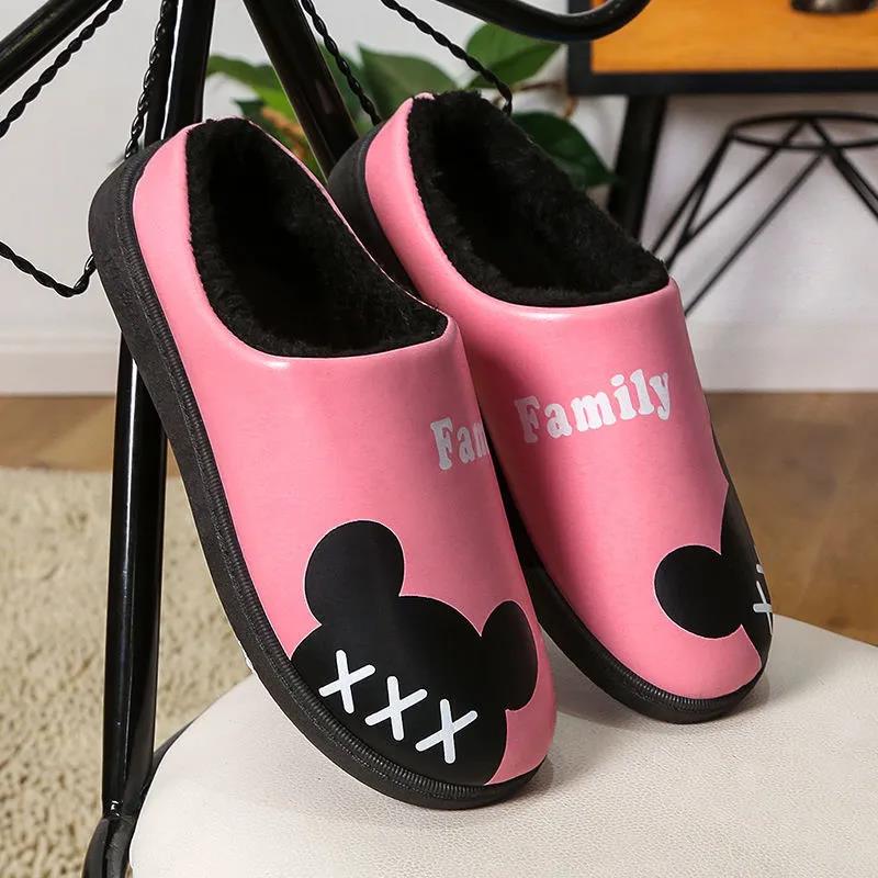 Winter Ladies Leather Warm Slippers Plus Velvet Thickening Plus Cotton Non-slip Wear-resistant Waterproof Cotton Slippers