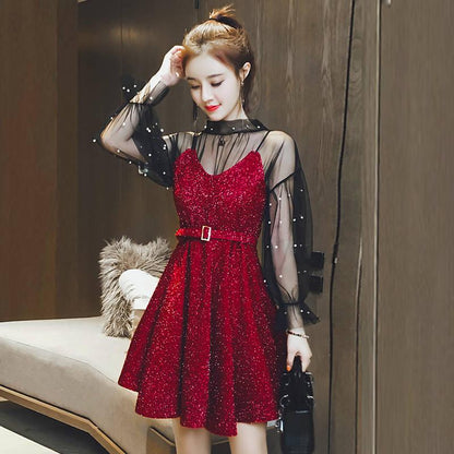 Korean Temperament Mesh Beaded Top Shiny Sling Waist Dress
