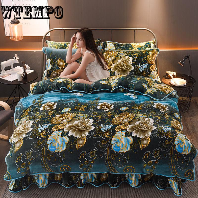 4pcS Soft Floral Print Quilt Duvet Cover  Bed Skirt Wedding Bedspread Full Twin Queen King Size Bed Sheet Mattress Cover Bedsheets