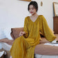 Women's Autumn Nightdress Ice Silk Backless Comfortable High Quality Pajamas Sexy Deep V Homewear Out Wear Loose Solid Color Printing Nightdress