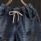 Summer High Waist Was Thin and Thin Casual Casual Hole Straight Denim Shorts Elastic Waist Embroidered Denim Shorts Women Loose Shorts