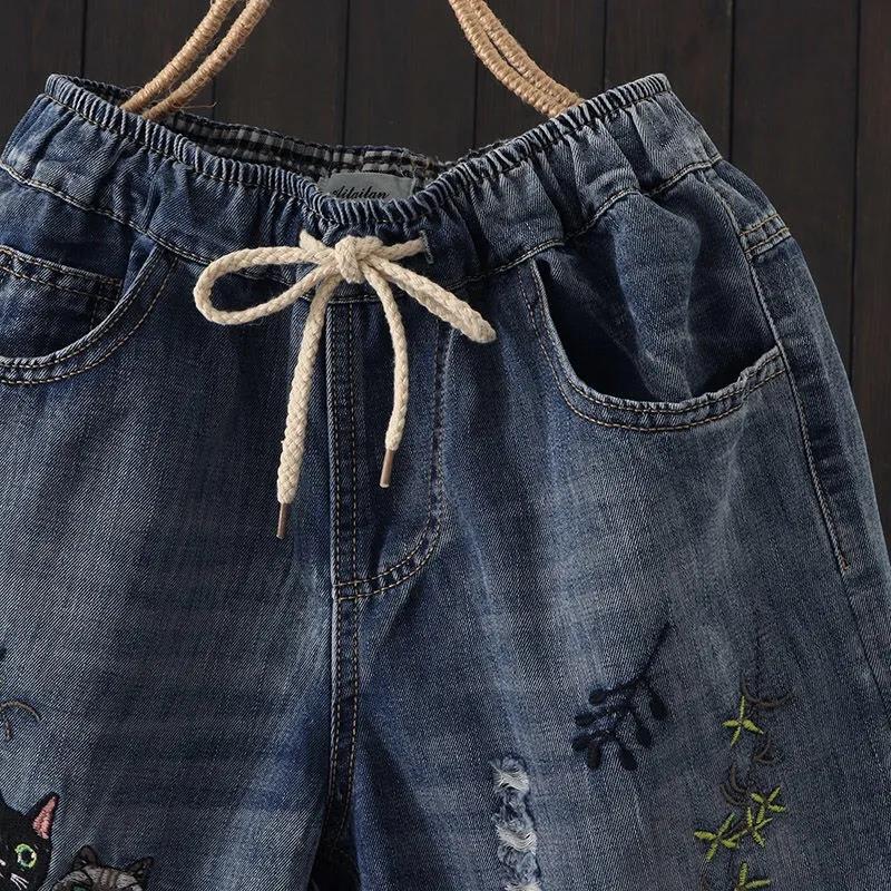 Summer High Waist Was Thin and Thin Casual Casual Hole Straight Denim Shorts Elastic Waist Embroidered Denim Shorts Women Loose Shorts