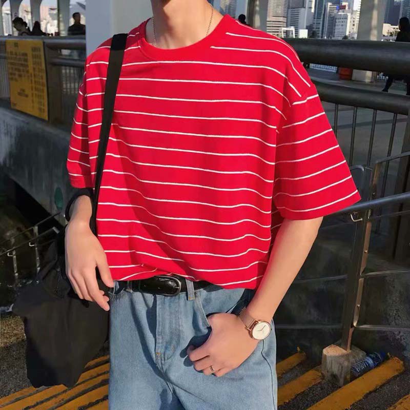 Men's Striped T-shirt Five-point Sleeve Top Men's Summer Half-sleeved T-shirt