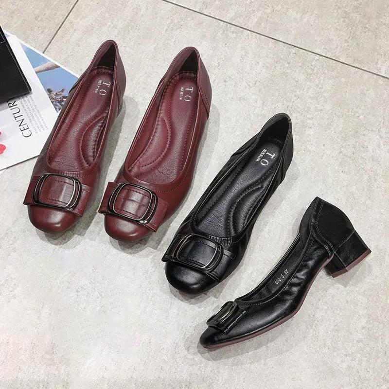 All-match Shallow Mouth Thick Heel Single Shoes Women Soft Leather Grandma Shoes Mid-heel Women Leather Shoes Women Work Shoes