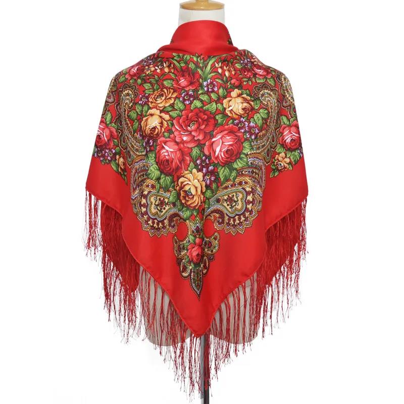 Muslim Women's Autumn Winter Pullover Scarf Cotton Printed Fringe Multifunctional Square Scarf Ethnic Wind Sand-proof Shawl Embroidery Tassels Scarves