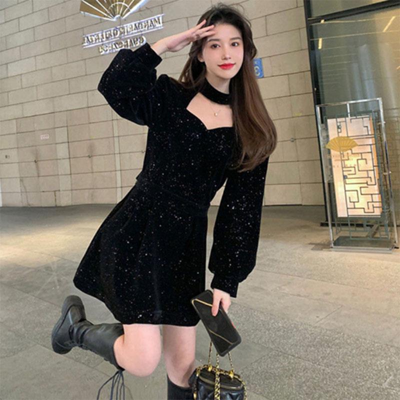 Spring and Autumn Women's Clothes Dating To Work Velvet High Sense Dress New Year Festive Hanging Neck Sexy Hollow Small Dress