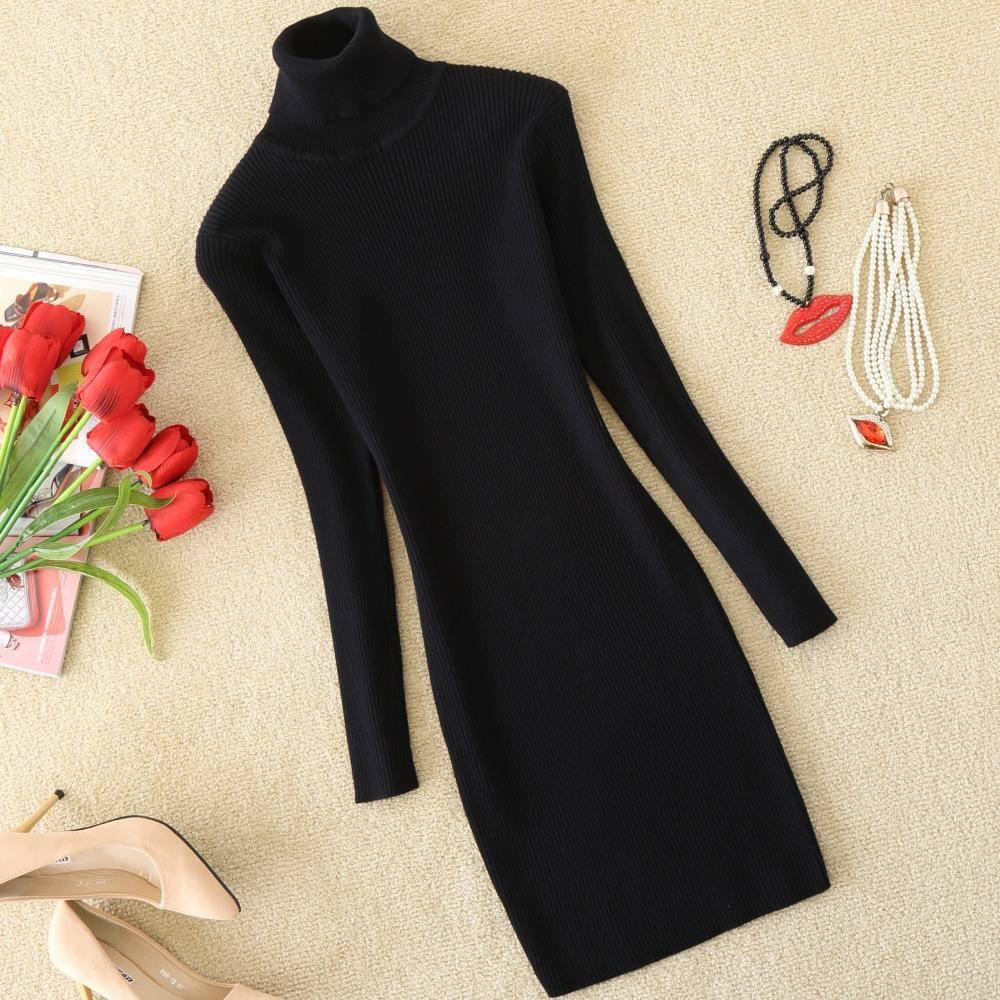 Autumn Women Bodycon Sheath Dress Sexy Knitted Cotton Long Sleeve 2019 Pure Casual Black Midi Dress