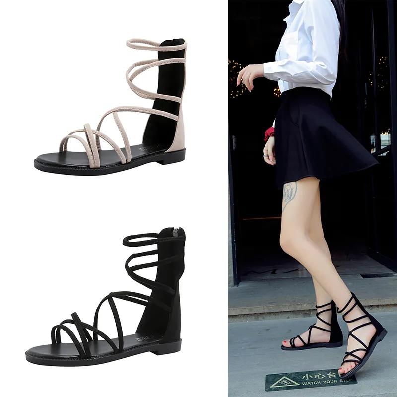 Sandals Women's High-top Flat-bottomed Simple and Versatile Open-toed Cross Straps Women's Roman Sandals Are Light and Comfortable