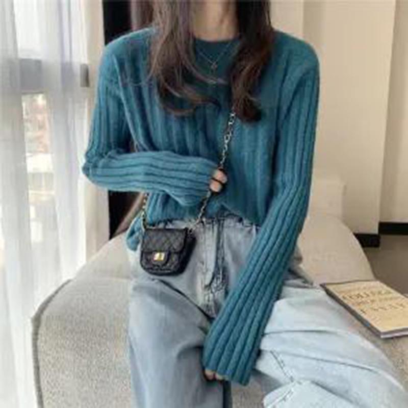 Autumn  Winter  Knitted Pullover Round Neck Versatile Thick Warm Woolen Sweater Bottoming Shirt  Vertical Stripes Loose