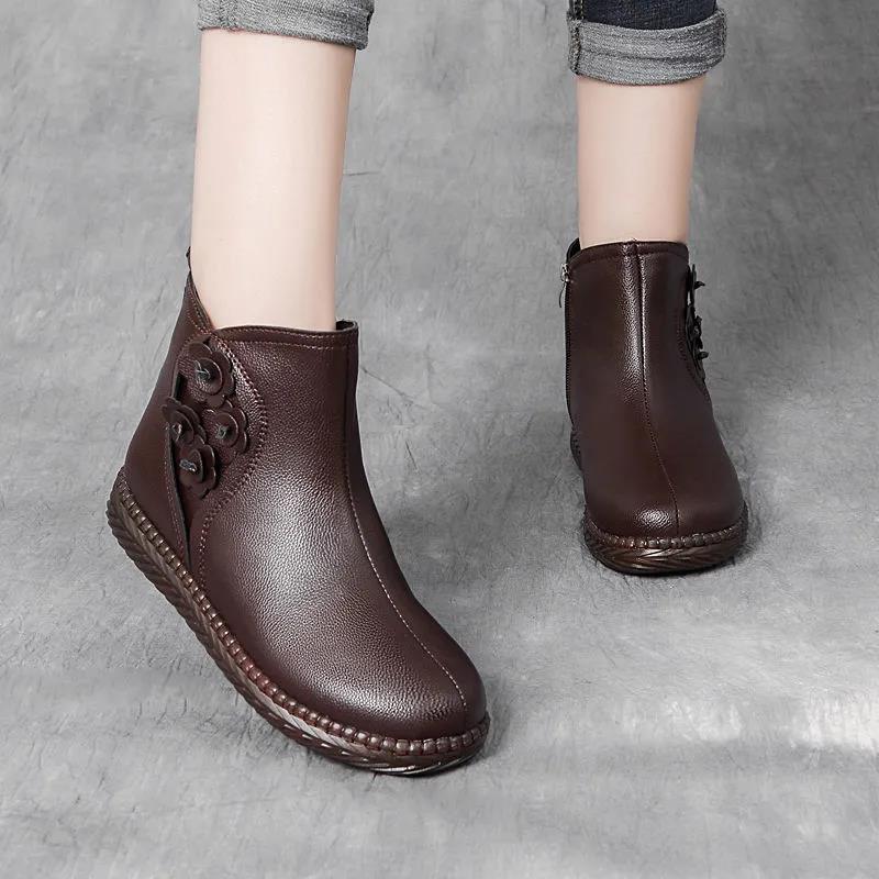 Plus Velvet Padded Cotton Shoes Short Boots Retro Anti-slip Tendon Bottom Real Soft Leather Boots Women