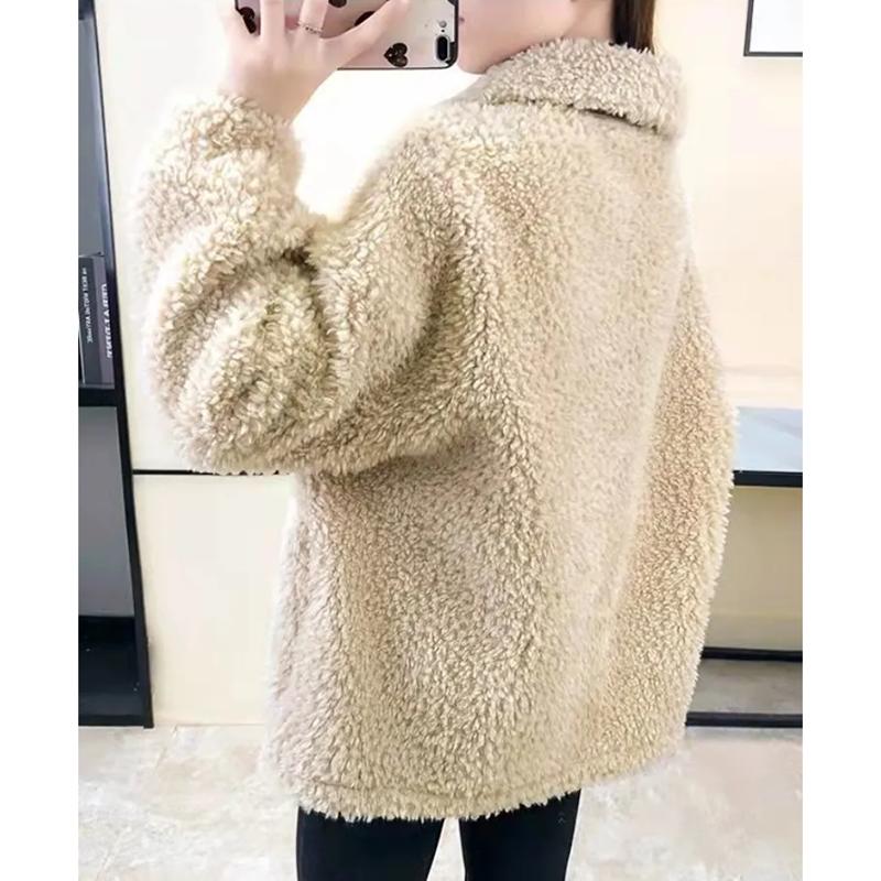 Women's Lamb Wool Coat Horns Buckle Sheared Wool Winter Korean Style Thick Square Collar Not Shed Hair Lapel Casual Loose Grain fleece Jacket Coat