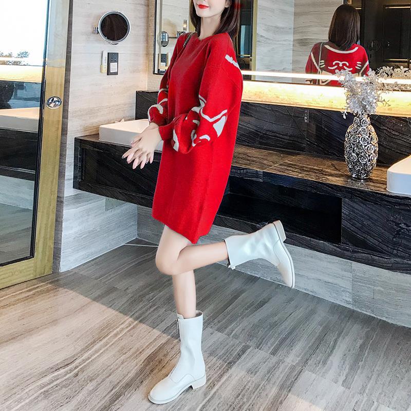 Autumn and Winter Fashion Casual Jacket Mid-length Long-sleeved Dress Slim Round Neck Sweater