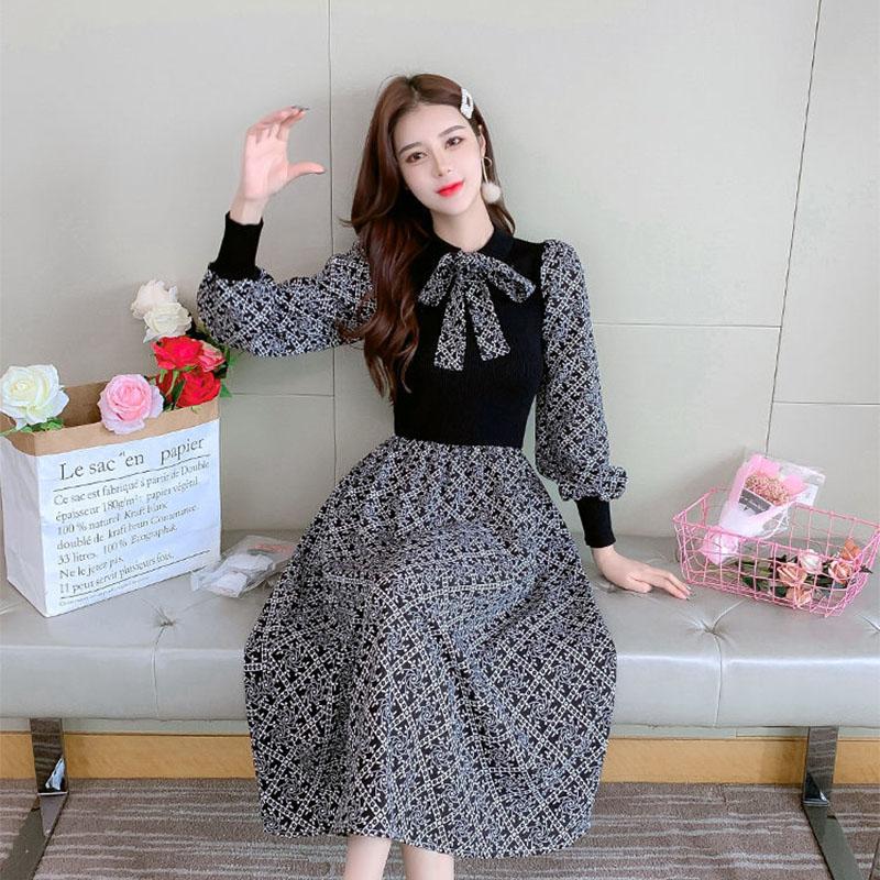 Women's Autumn and Winter Long-sleeved Dress Puff Sleeve Mid-length Floral Dress Knit Bottoming Bow Dress
