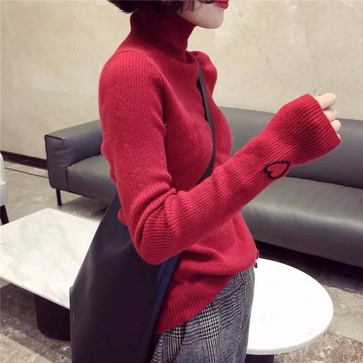 Women Embroidery Turtleneck Knitted Bottoming Shirt Slim Was Thin Wild Sweater Solid Color