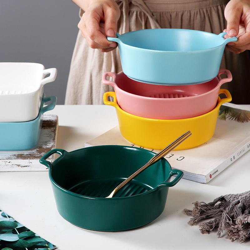 Net Red Binaural Baking Baking Bowl Baked Rice Bowl Dessert Bowl Fruit Salad Bowl Round Deep Plate Household Instant Noodle Bowl