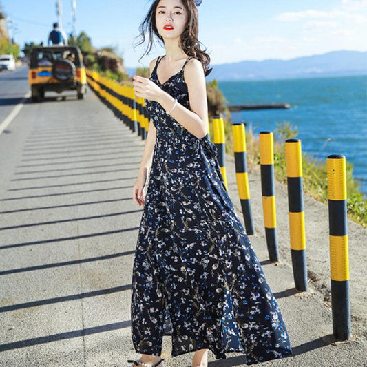 Summer Sexy Suspender Long Skirt Holiday Beach Skirt Strap Chiffon Floral Dress Female Split Casual Fashion
