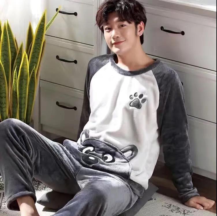 Cartoon Bear Couple Pajamas Suit Men Home Clothes Tops and Pants Ladies Winter Cashmere Warm Homewear