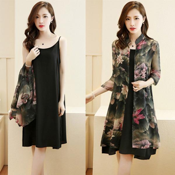 Chiffon Shirt + Dress 2pcs Suit  Women's Sun Protection Clothing Sun-Dress Mid-length Plus Size Shawl Loose Outer Chiffon Cardigan Thin Coat Beach