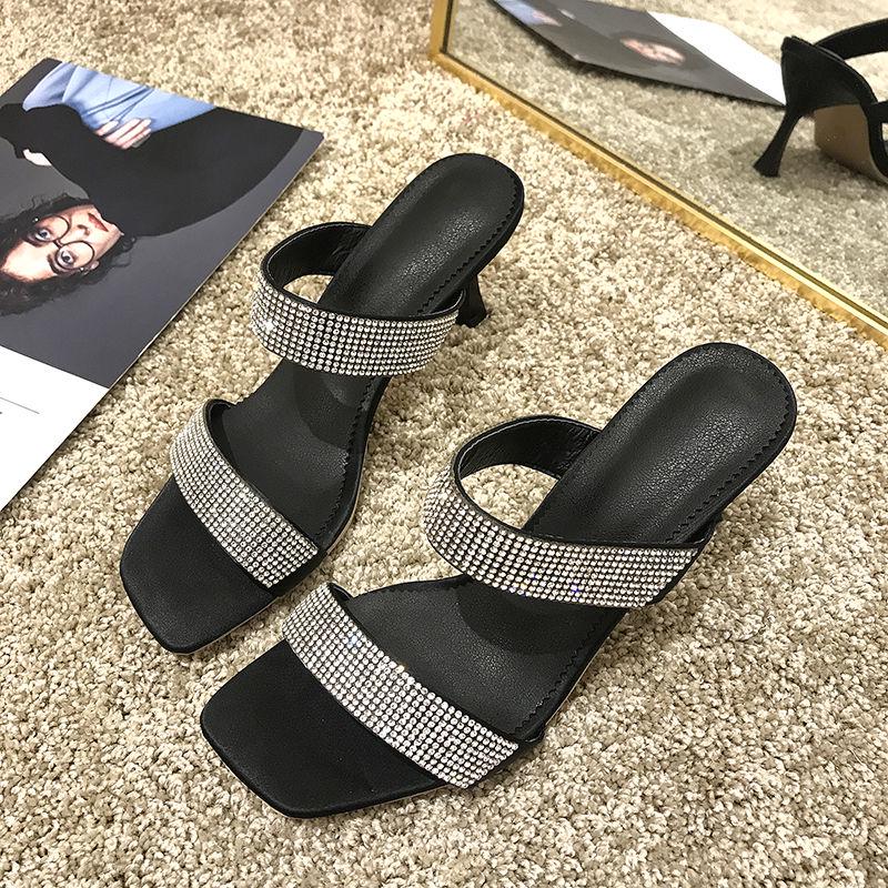 Fashion Bling Crystal Women Sandals Sexy Open Toe Zip Thin High Heel Rhinestone Stripper Shoes Summer Black Pumps