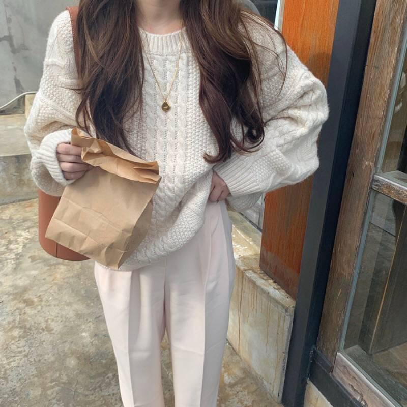 Thick Solid Color Twist Sweater Women's Winter Loose Round Neck Wild Knitted Jacket