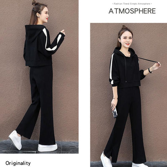 Suit Cotton-containing Leisure Sports Suit Hooded Long-sleeved Hoodie Wide Leg Pants Two-piece Women's Loose Suit Casual Wear