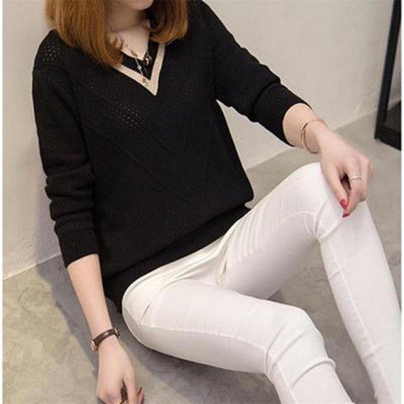 Spring and Autumn V-neck Knitted Sweater Fashion Long-sleeved Bottoming Shirt Short Plus Size Women's Top