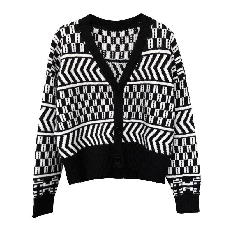 Geometric Cardigans Women Sweaters Autumn Winter Fashionable V-Neck Cardigans Single Breasted Loose
