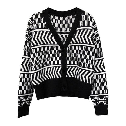 Geometric Cardigans Women Sweaters Autumn Winter Fashionable V-Neck Cardigans Single Breasted Loose