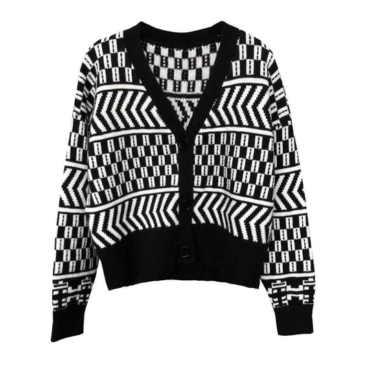Geometric Cardigans Women Sweaters Autumn Winter Fashionable V-Neck Cardigans Single Breasted Loose