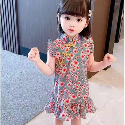 Children Dress Spring Summer Broken Flower Kids Clothing  Baby Girls Clothing Sleeveless Cheongsam Dress Girl